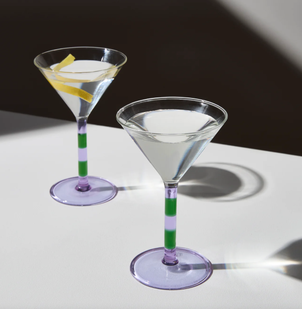 Striped Martini Glasses - Set of 2 - Lilac Green For Sale