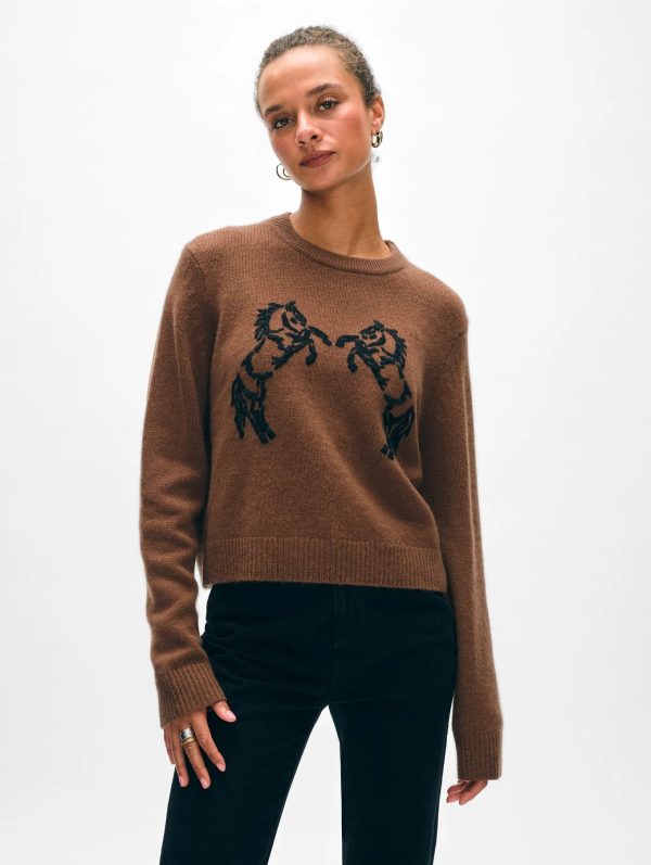 White + Warren - Cashmere Blend Horse Embroidered Crew Online Hot Sale