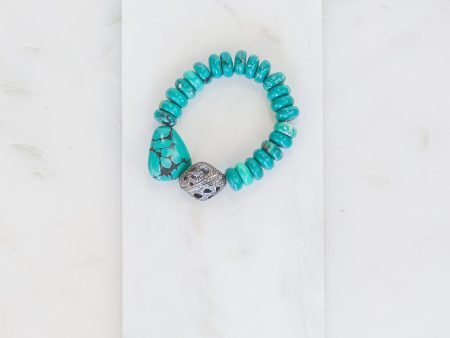 Turquoise Bead Stretch Bracelet w  Pave Diamond Bead (y10337b) For Sale