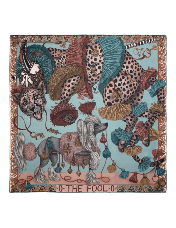 42x42 Small Silk Scarf-The Fool-Leopard with Dogs-Green Discount