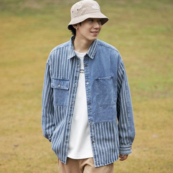 Striped Denim Long Sleeve Shirt on Sale