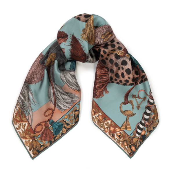 90x90 Medium Silk Scarf-The Fool-Leopard with Dogs-Green Online