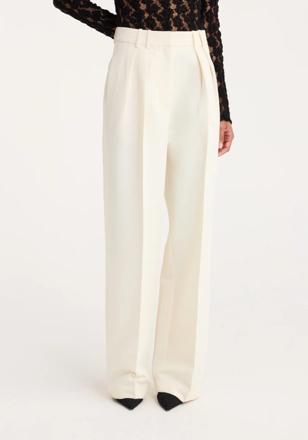 High-waisted Pleated Wide Leg Trousers in Off White For Discount