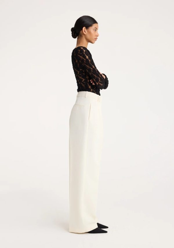 High-waisted Pleated Wide Leg Trousers in Off White For Discount