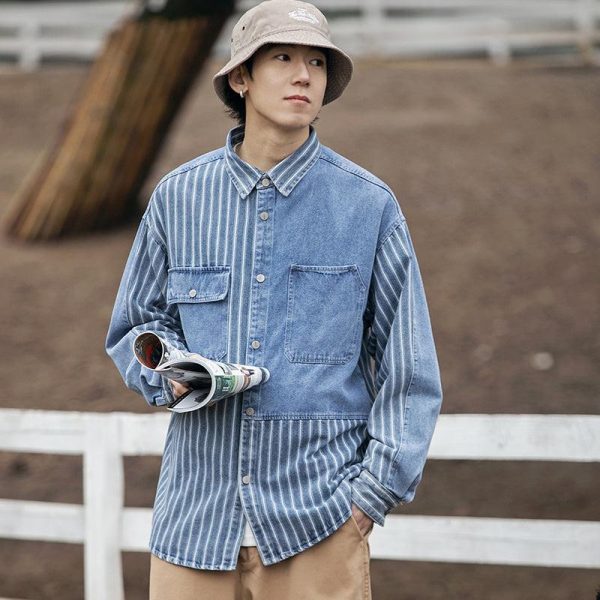 Striped Denim Long Sleeve Shirt on Sale