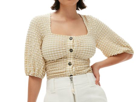 Ganni - Stretch Seersucker Gathered Blouse Hot on Sale