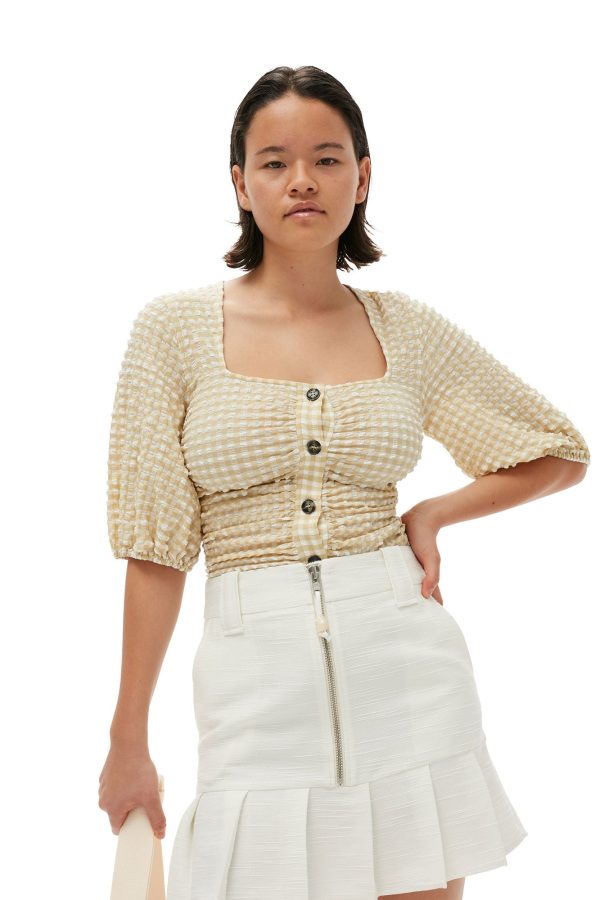 Ganni - Stretch Seersucker Gathered Blouse Hot on Sale