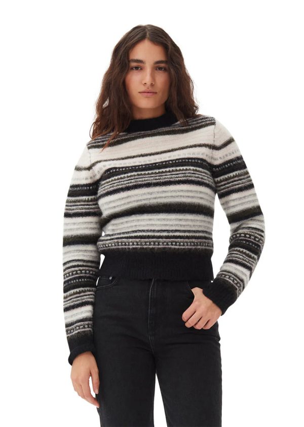 Ganni - Soft Wool Stripe O-Neck Hot on Sale